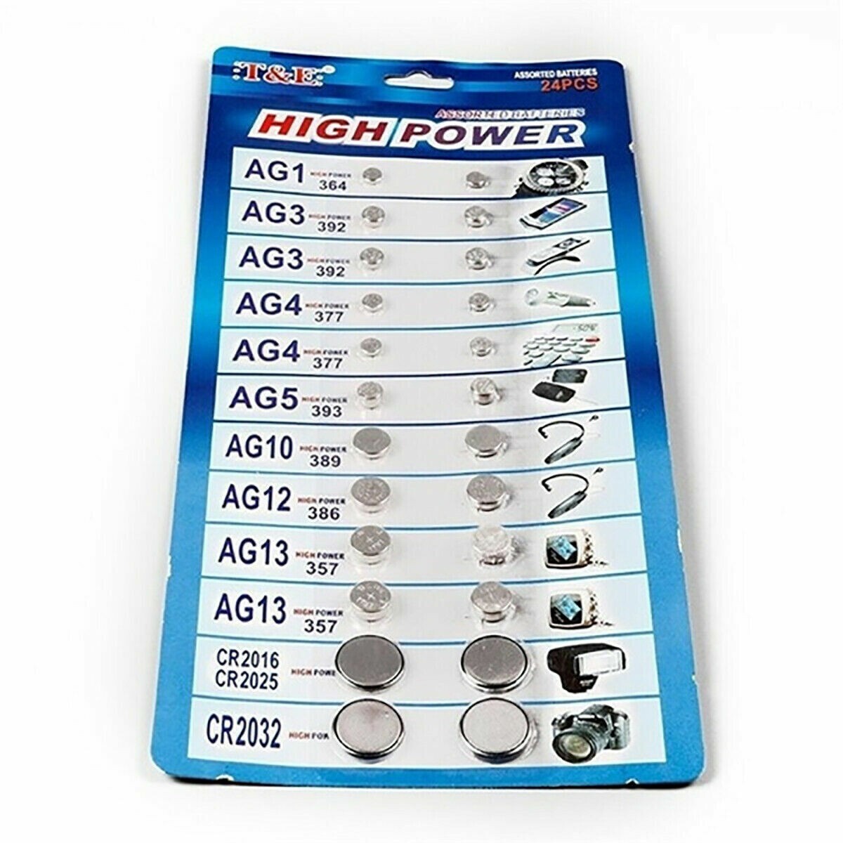 T & E High Power Button Cell Batteries – Assorted 24 Pack
