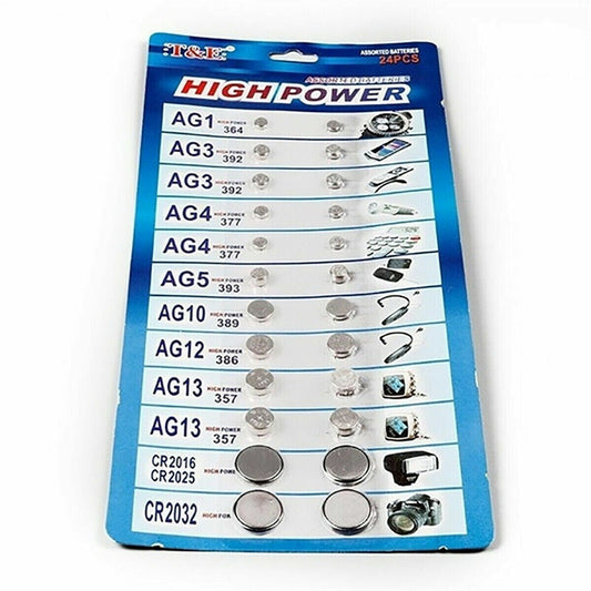T & E High Power Button Cell Batteries – Assorted 24 Pack