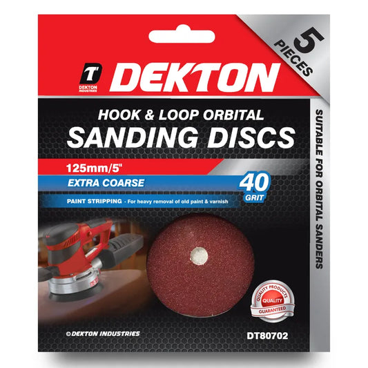 DEKTON 5PC Hook and Loop Orbital Sanding Discs – 125mm / Extra Coarse 40 Grit